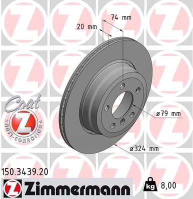 Zimmermann COAT Z (Z-Coat) 150.3439.20 Brake Disc/Brake Rotor 324mm x 20mm (324x20) Vented, High Carbon, Coated - Fits BMW 7 Series E65 E66 E67 (2001-2008) - OE-Quality Replacement, Anti-Corrosion, German Made