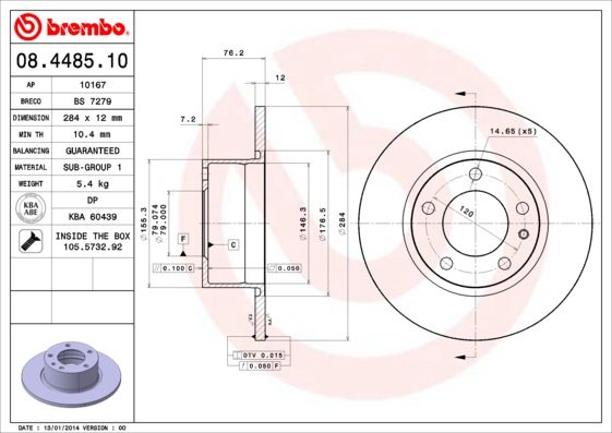 Brembo 08.4485.10 Brake Disc for BMW 5 Series (E28) Saloon, 284mm Solid Rotor, 12mm Thick, 5-Stud, Supplied with Bolts/Screws