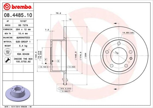Brembo 08.4485.10 Brake Disc for BMW 5 Series (E28) Saloon, 284mm Solid Rotor, 12mm Thick, 5-Stud, Supplied with Bolts/Screws