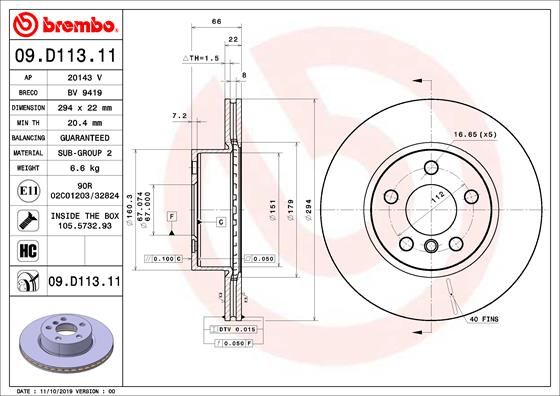 Brembo 09.D113.11 High‑Carbon Coated Vented (Ventilated) Brake Disc Rotor for BMW 3 Series, 294mm x 22mm, 5‑Stud (5‑Lug) | OE‑Spec Replacement, Anti‑Corrosion | Includes Fixing Bolts/Screws
