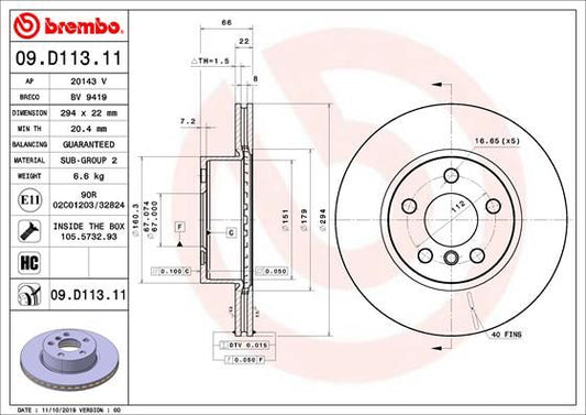 Brembo 09.D113.11 High‑Carbon Coated Vented (Ventilated) Brake Disc Rotor for BMW 3 Series, 294mm x 22mm, 5‑Stud (5‑Lug) | OE‑Spec Replacement, Anti‑Corrosion | Includes Fixing Bolts/Screws
