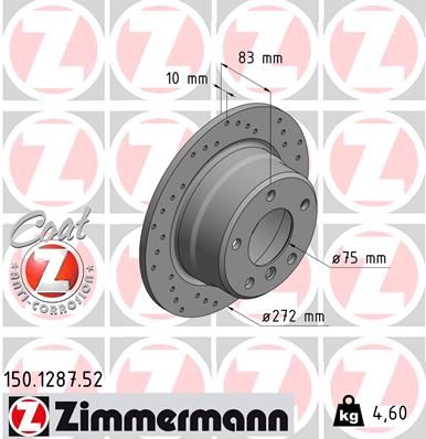 Zimmermann Coat Z 150.1287.52 (150 1287 52) Brake Disc/Brake Rotor for BMW Z3 - 272x10mm Solid, Cross-Drilled/Perforated, High-Carbon, Anti-Corrosion Coated - Z3 272mm Non-Vented Replacement