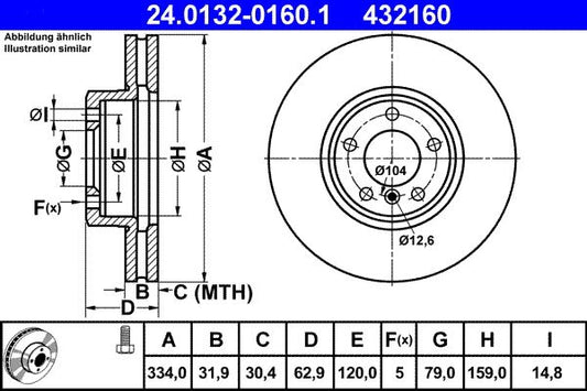 ATE Brake Disc (Rotor) 24.0132-0160.1 for BMW Z8 Roadster (E52) 334mm | Vented, Coated, High-Carbon | Bolts/Screws Included