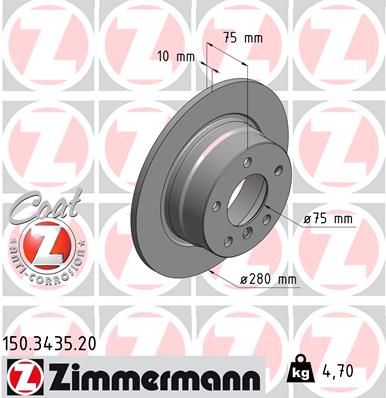 Zimmermann COAT Z Rear Axle Brake Disc Rotor 150.3435.20 (150 3435 20) for BMW Z4 Roadster E85 2002-2008 - 280mm x 10mm Solid Plain High Carbon Anti-Corrosion Coated OE Spec Direct Fit Replacement