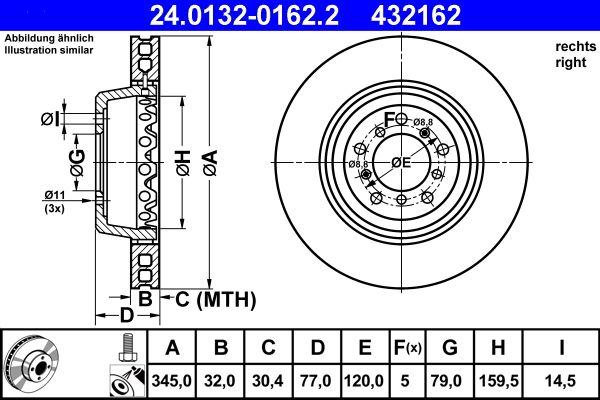 ATE 24.0132-0162.2 Front Brake Disc/Rotor 345x32mm for BMW 5 Series E39 (1995-2003) Saloon/Sedan | 2-Piece Vented High-Carbon Coated with Bolts | OE Replacement Performance Front Axle