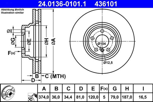 ATE 24.0136-0101.1 Front Brake Disc/Rotor for BMW 7-Series E65 E66 E67 – High-Carbon, Vented, Anti-Corrosion Coated – 374 x 36 mm – OE Replacement, Front Axle (Left/Right)