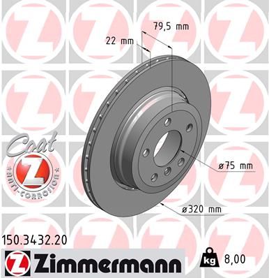 Otto Zimmermann COAT Z 150.3432.20 Brake Disc/Brake Rotor for BMW X3 E83 (2004–2010) – 320mm Vented High-Carbon, Anti-Rust Coated, OE/OEM Spec Direct-Fit Replacement, Coated Hub, PN 150343220