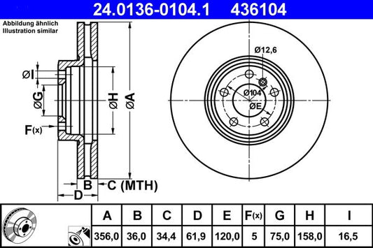ATE 24.0136-0104.1 Brake Disc/Rotor for BMW X5 E53 1999–2006 – 356x36mm Vented Coated High-Carbon, 5-Stud (5x120) – OE/OEM-Quality Replacement Disc Brake for X5 SUV