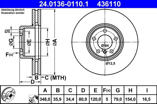 ATE 24.0136-0110.1 Front Brake Disc Rotor 348mm (348x36) for BMW 7 Series E65/E66/E67 - Vented, High-Carbon, Coated - OE-Spec Replacement