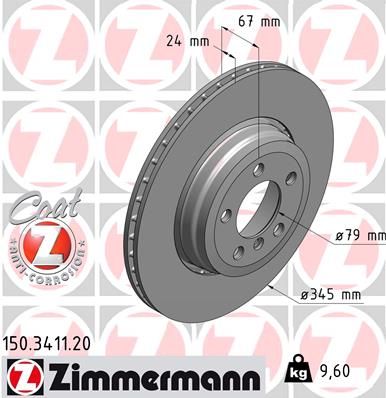 Zimmermann COAT Z 150.3411.20 Brake Disc/Brake Rotor for BMW 7 Series E65 E66 E67 (2001-2008) – 345x24mm Vented, High-Carbon, Anti-Corrosion Coated, OE/OEM Replacement | Zimmermann 150 3411 20 | BMW 7er Bremsscheibe