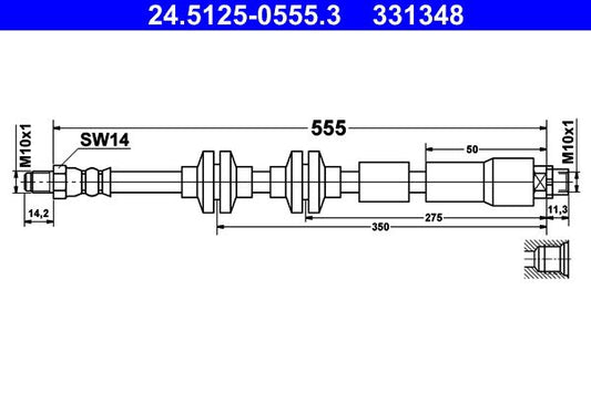 ATE 24.5125-0555.3 (24 5125 0555 3) Brake Hose - BMW X1 E84 2009-2015 - 555mm M10x1 (M10 x 1) Flexible Hydraulic Brake Line / Flexi Pipe Rubber OE Replacement