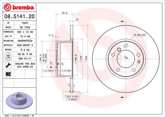 Brembo 08.5141.20 HC Solid Brake Disc/Brake Rotor for BMW 5 Series - 302mm x 12mm, 5-Stud (5-Hole) - OE Spec Direct Fit OEM Replacement, Plain Non-Vented, Bolts/Fixings Included