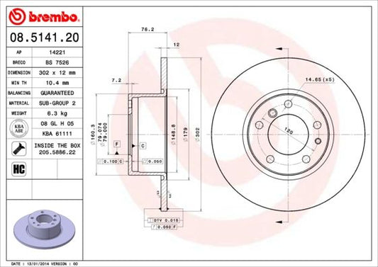 Brembo 08.5141.20 HC Solid Brake Disc/Brake Rotor for BMW 5 Series - 302mm x 12mm, 5-Stud (5-Hole) - OE Spec Direct Fit OEM Replacement, Plain Non-Vented, Bolts/Fixings Included