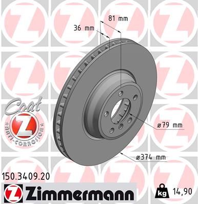 Zimmermann COAT Z 150.3409.20 Brake Disc/Brake Rotor for BMW 7 Series E65 E66 E67 (2001-2008) - 374mm x 36mm, High-Carbon, Internally Vented, Anti-Rust/Anti-Corrosion Coated, OE-Spec Replacement Upgrade