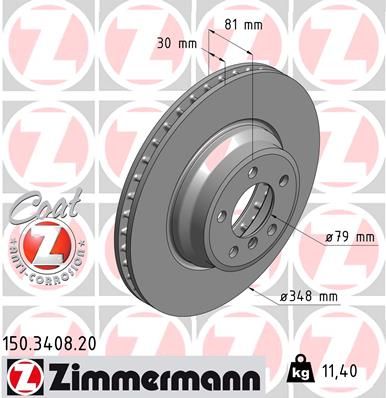 Zimmermann COAT Z 150.3408.20 Front Brake Disc/Brake Rotor 348x30mm for BMW 7 Series E65/E66/E67 (7er) - High Carbon, Internally Vented, Anti-Corrosion Coated, OE Replacement
