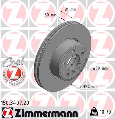 Zimmermann COAT Z 150.3407.20 High‑Carbon Brake Disc / Rotor 324mm x 30mm for BMW 7 Series E65 E66 E67 (7er, 2001‑2008) – Vented, Coated, OE‑Spec Replacement, Anti‑Rust Plain Face