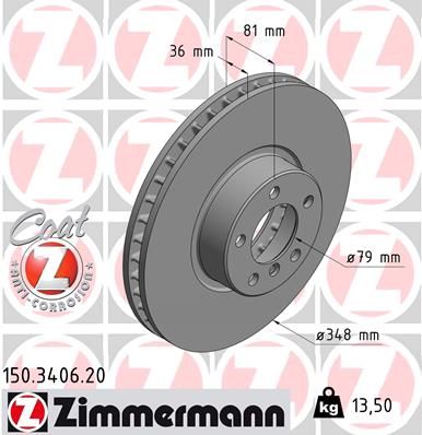 Zimmermann Coat Z (Z Coat) Brake Disc/Brake Rotor 150.3406.20 for BMW 7 Series E65 E66 E67 (2001-2008), 348 x 36 mm High-Carbon, Internally Vented, Anti-Corrosion Coated, OE-Spec Replacement
