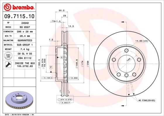 Brembo 09.7115.10 BMW 5 Series Brake Disc / Rotor 296mm x 28mm Vented (Internally Vented), 5 Hole 5 Lug 5-Stud, OE OEM Replacement, With Mounting Hardware (Fixing Screws/Bolts)