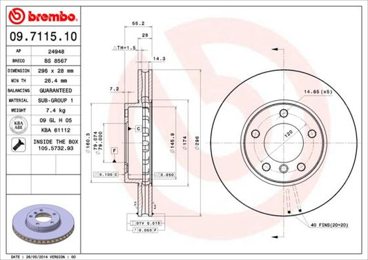 Brembo 09.7115.10 BMW 5 Series Brake Disc / Rotor 296mm x 28mm Vented (Internally Vented), 5 Hole 5 Lug 5-Stud, OE OEM Replacement, With Mounting Hardware (Fixing Screws/Bolts)