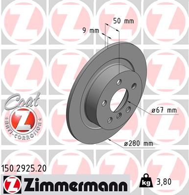 Zimmermann COAT Z 150.2925.20 Brake Disc / Rotor for BMW i3 (I01) 2013-2022 - Solid High-Carbon, Anti-Rust Coated, 280mm x 9mm - OE-Spec Replacement EV Brake