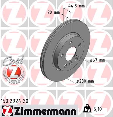 Zimmermann Coat Z High-Carbon Ventilated Front Brake Disc/Brake Rotor 280x20mm for BMW i3 (I01) 2013–2022 – Anti-Corrosion Coated HC OE Replacement – Part No. 150.2924.20 (150 2924 20)