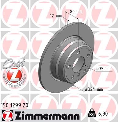 Zimmermann COAT Z 150.1299.20 Rear Brake Disc Rotor for BMW X5 E53 1999-2006 - 324x12mm Solid High-Carbon, Anti-Corrosion Coated - OE/OEM Spec Direct Fit Back Axle Replacement, German Quality