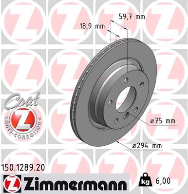 Zimmermann COAT Z 150.1289.20 Brake Disc Rotor 294mm x 19mm Vented (Ventilated), High Carbon (HC Casting), Anti-Corrosion Zinc Coated - OE/OEM Direct Fit Replacement for BMW 3 Series