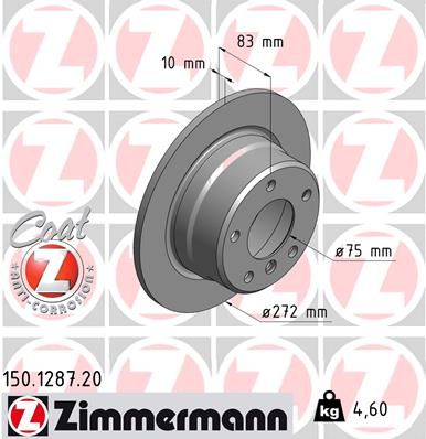 Zimmermann COAT Z 150.1287.20 Rear Brake Disc/Brake Rotor for BMW Z3 (E36/7, E36/8) - Solid 272x10mm High Carbon, Anti-Corrosion Coated Hub - OE Quality Direct Fit