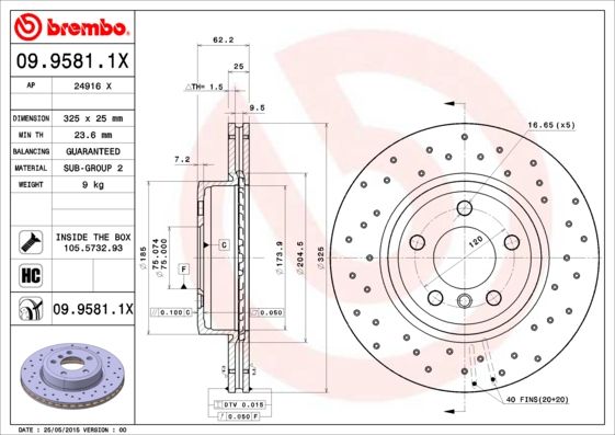 Genuine Brembo 09.9581.14 (09 9581 14) High-Carbon Internally Vented 325x25mm Brake Disc/Rotor for BMW X3 E83 2004-2010 | 5-Stud/5-Lug, HC Cast Iron | OE Replacement Upgrade | With Bolts/Screws Included
