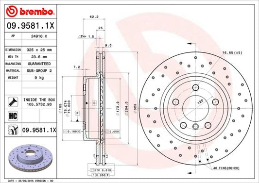 Genuine Brembo 09.9581.14 (09 9581 14) High-Carbon Internally Vented 325x25mm Brake Disc/Rotor for BMW X3 E83 2004-2010 | 5-Stud/5-Lug, HC Cast Iron | OE Replacement Upgrade | With Bolts/Screws Included