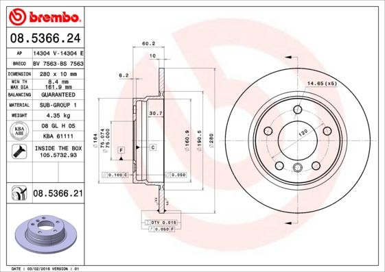 Brembo 08.5366.24 Brake Disc Rotor for BMW 3 Series - Solid Plain Non-Vented 280 x 10 mm, 5-Stud (Selected Models) | OE/OEM Quality Replacement, Includes Fixing Bolts/Screws