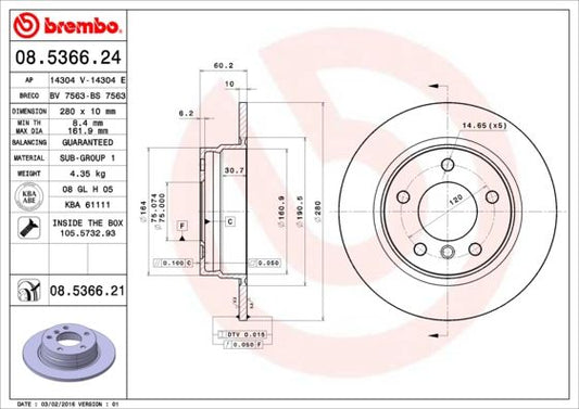 Brembo 08.5366.24 Brake Disc Rotor for BMW 3 Series - Solid Plain Non-Vented 280 x 10 mm, 5-Stud (Selected Models) | OE/OEM Quality Replacement, Includes Fixing Bolts/Screws