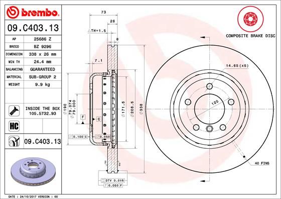 Genuine Brembo 09.C403.13 Two-Piece Brake Disc/Rotor for BMW 1 Series, 338mm x 26mm, 5-Stud  Internally Vented, High-Carbon, Coated  With Bolts/Screws