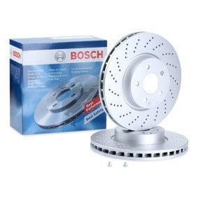 Bosch Front Sport Performance Brake Disc Rotor 322mm x 32mm, Drilled/Perforated, Vented, High-Carbon Anti-Rust Coated, 5-Stud 5-Bolt, OE/OEM Replacement, Includes Fixing Bolts/Screws – Part 0 986 479 408 (0986479408)