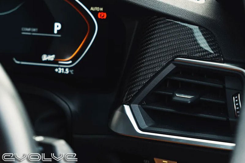 TRE Pre-Preg Carbon Fibre Air Vent Trim (2x2 Twill, Gloss) - BMW G80 M3, G82/G83 M4, G42 2 Series M240i - Stick-On Dash Side Vent Surround, RHD/LHD, iDrive 7