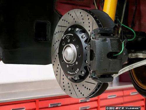 ECS Tuning 2-Piece Lightweight Front Brake Rotors/Discs, Drilled & Grooved/Slotted, Semi-Floating Vented Pair 325x28mm – BMW E46 M3 2001-2006, S54 – Performance Fast Road/Track Day Upgrade – Direct Bolt-On OE Calipers (Non-CSL/ZCP)